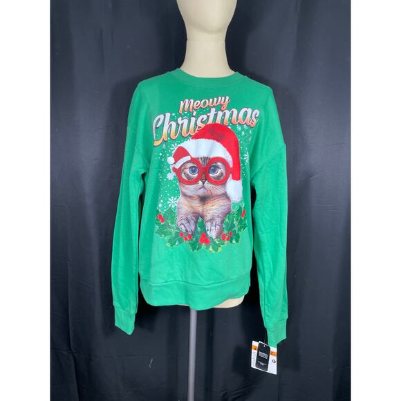NWT Musical Kitty Christmas Sweatshirt, Green, Medium, Ugly but Cute Holiday Top - Picture 1 of 6
